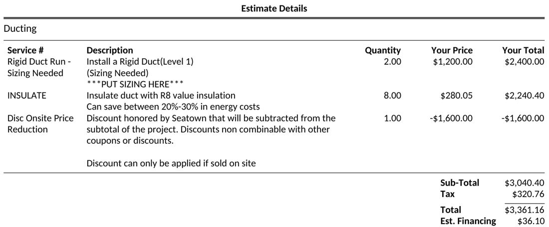 First estimate line items: rigid duct run $2,400, R8 insulation $2,240.40, onsite discount minus $1,600, total $3,361.16