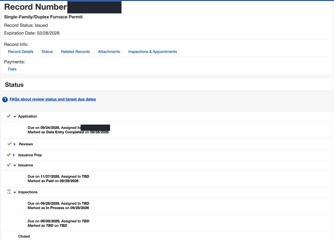 Seattle Services Portal status page for a single-family furnace permit showing application data entry completed 09/28/2026 and issuance paid 09/28/2026