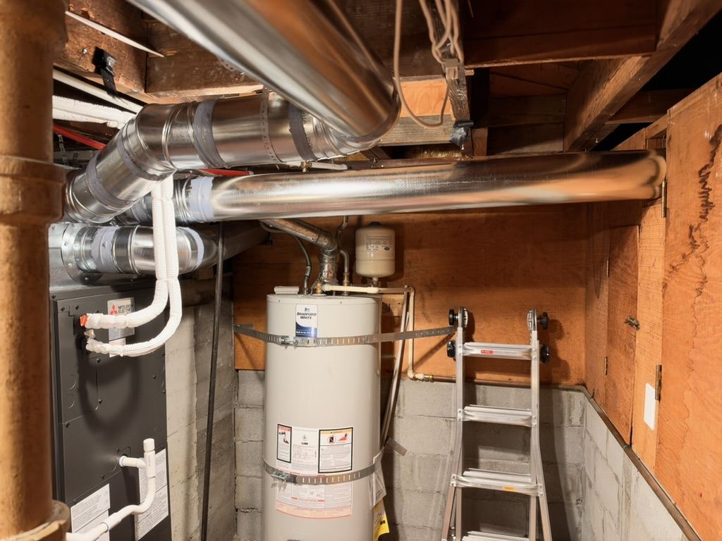 The new air handler next to the water heater, with white-wrapped refrigerant lines running up from it and along the ceiling beside the new rigid duct